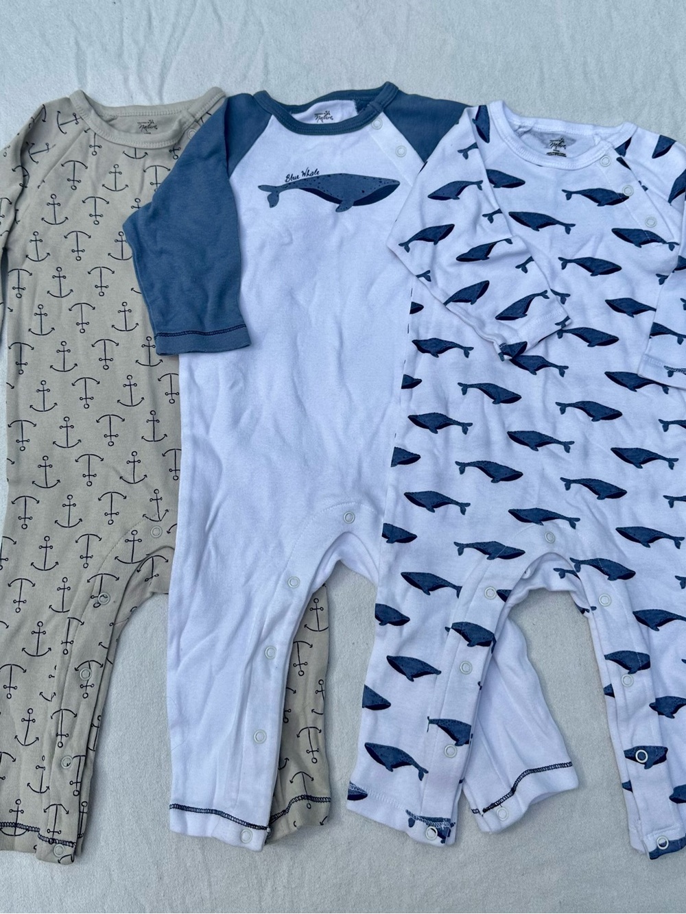 3-Pack Baby Kids Onesies – Whale & Anchor Prints, Blue/Tan